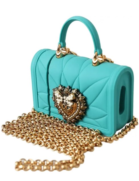 Çanta - Dolce Gabbana Devotion Kalpli Turkuaz AirPods Kılıfı - Zincir Askılı Silikon Kılıf - Ana Görsel